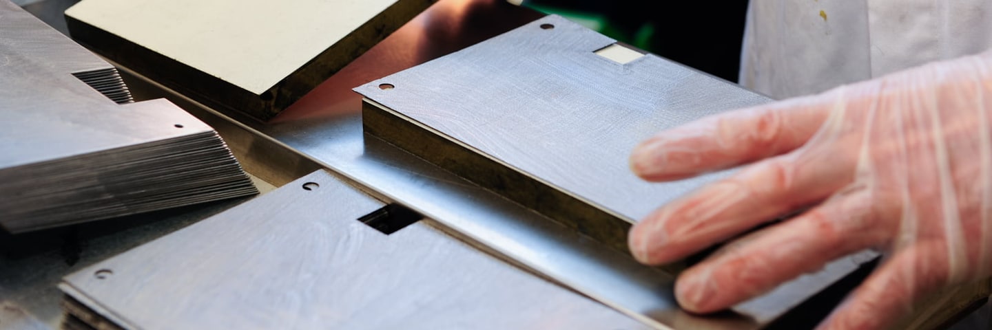 Gloved hands stack sheet metal parts on a work table