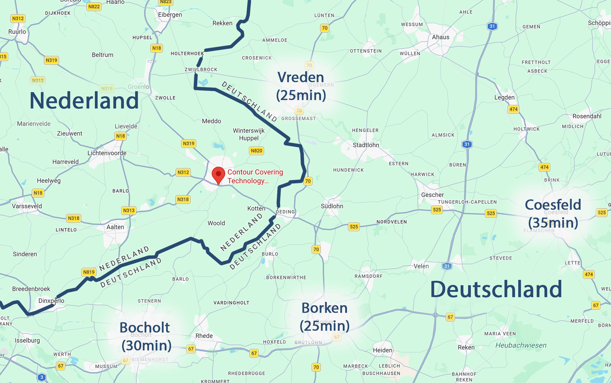 Map of drive times from Contour in Winterswijk: Vreden and Borken 25 minutes, Bocholt 30 minutes, Coesfeld 35 minutes