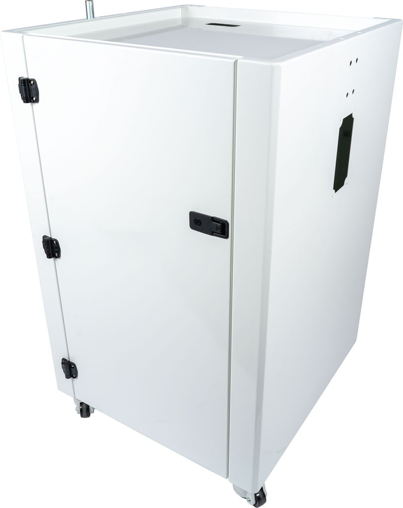 White powder-coated enclosure with hinges and locks