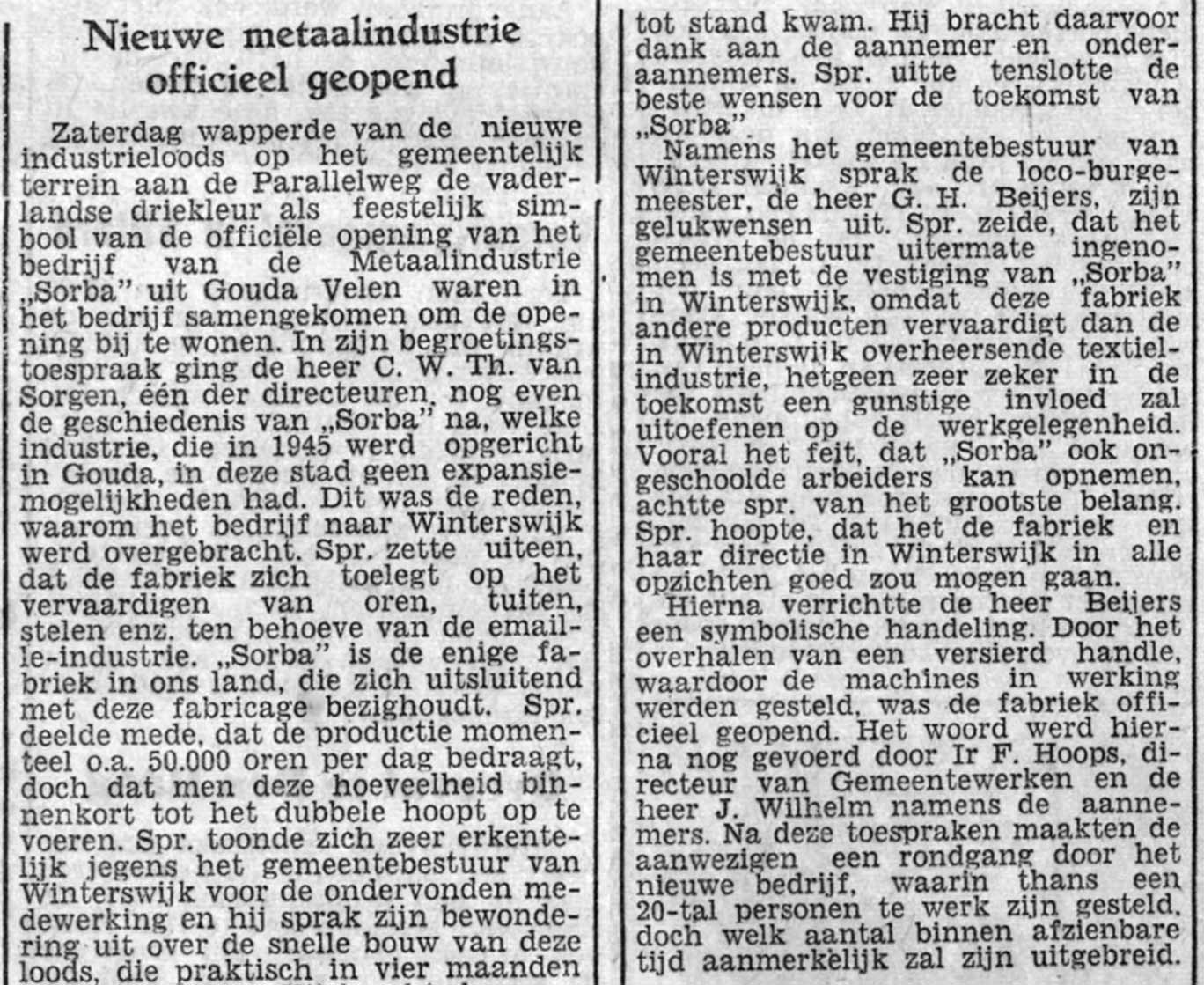 Historie Contour: 1951-12-03 Twentsch Dagblad Tubantia Oprichtingsnieuws Sorba